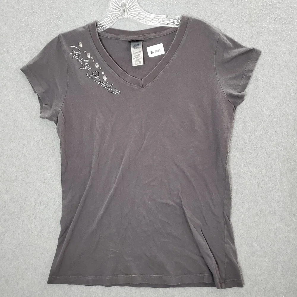 Harley Davidson Women Top M Gray Shirt Skull Rhinestones Mitchells Modesto CA‎